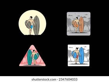 The shirtless man holding surfboard illustration design