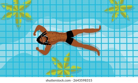A shirtless man lying calmly on water with tropical tiles and palm leaves