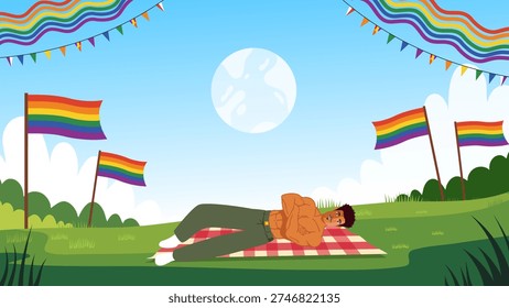 shirtless man lying on grass field under night sky with full moon