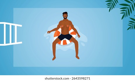 Shirtless man relaxing on orange float in a clear tropical pool