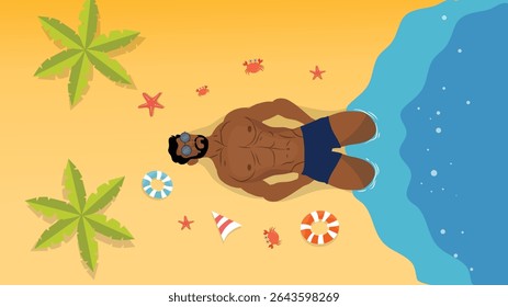 Homem sem camisa descansando em praia arenosa com conchas folhas e caranguejos
