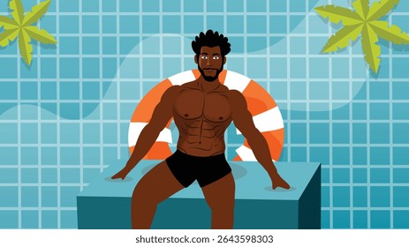 Shirtless man sitting beside lifebuoy with palm tree and blue pool wall