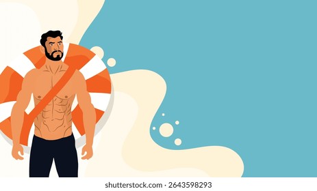 Shirtless man walking confidently on beach with orange lifebuoy