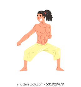 Shirtless Muscle Karate Professional Fighter In Starting Stance. Cool Cartoon Character