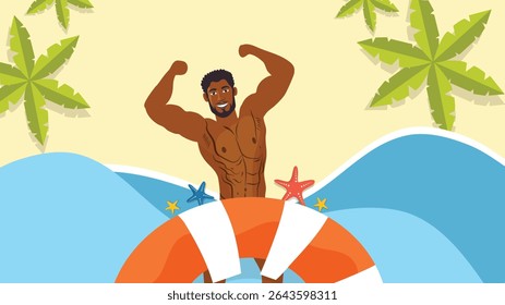 Shirtless muscular man showing biceps beside beach waves and lifebuoy
