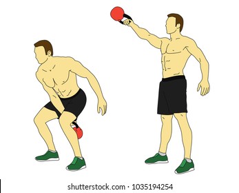 Shirtless muscular man standing and pushing dumbbell (kettlebell swings crossfit exercise) while working out isolated on white. Colored vector illustration.