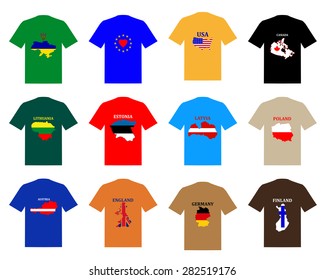 shirts of different colors and maps of different countries
