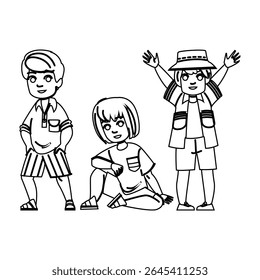 shirts kid boy summer fashion vector. sandals hats, sunglasses sneakers, tanktops caps shirts kid boy summer fashion character. people black line pencil drawing illustration