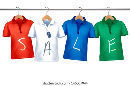 Shirts with price tags hanging on hangers. Concept of discount shopping. Vector illustration.