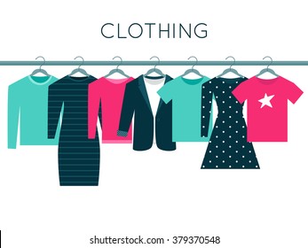 Shirts, Sweatshirt, Jacket And Dresses On Hangers. Clothing Illustration