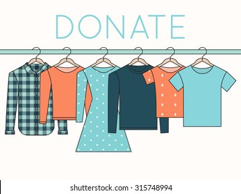 Shirts, Sweatshirts and Dress on Hangers. Donate Clothes Sign. Outline Illustration