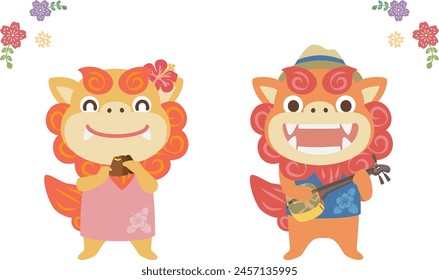 Shisa playing on Okinawan sanshin and sanban  vector illustration