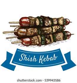 Shish Kebab colorful illustration. Vector illustration of turkish cuisine.