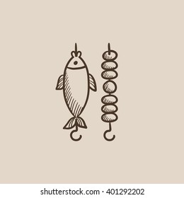 Shish kebab and grilled fish sketch icon.