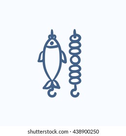 Shish kebab and grilled fish vector sketch icon isolated on background. Hand drawn Shish kebab and grilled fish icon. Shish kebab and grilled fish sketch icon for infographic, website or app.
