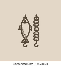 Icono de boceto vectorial de los peces a la parrilla y kebab de los peces aislados en el fondo. Kebab Shish dibujado a mano e ícono de pescado a la parrilla. Icono de sketch de mariscos y peces a la parrilla para infografía, sitio web o aplicación.