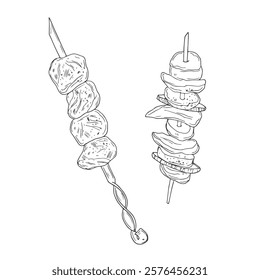 Shish kebab in hand drawn sketch style, vector illustration isolated on white background.