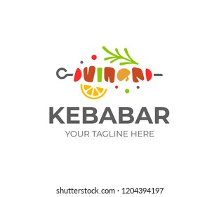 Diseño del logo de Shish kebab. Reflector de carne con diseño vectorial vegetal. Logotipo de brochetas de carne a la parrilla