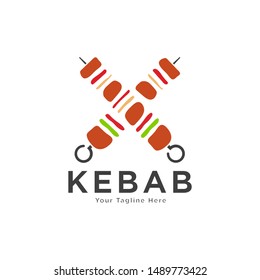 Shish kebab logo design. Meat skewer with vegetable vector design. Grilled meat skewers logotype