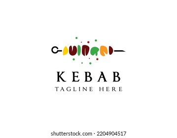 Shish kebab logo design. Meat skewer with vegetable vector design. Grilled meat skewers logotype