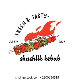 Shish kebab logo design. Vector logo with a drawn barbecue on a skewer. Grilled meat skewers logotype. Symbol, logo illustration.
