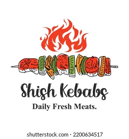 Shish kebab logo design. Vector logo with a drawn barbecue on a skewer. Grilled meat skewers logotype. Symbol, logo illustration.
