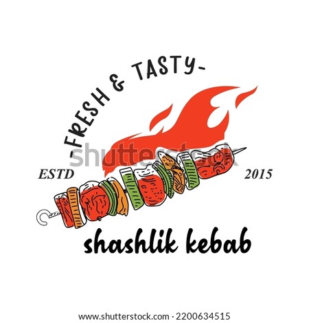 Shish kebab logo design. Vector logo with a drawn barbecue on a skewer. Grilled meat skewers logotype. Symbol, logo illustration.

