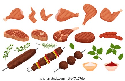 Shish kebab, lula kebab, grilled chicken legs, wings, barbecue beef, sausages, sauces, herbs.Set of Grilled meat dishes. Ready meat food in a flat cartoon style. vector illustration isolated on white.