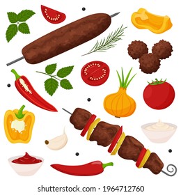 Shish kebab, lula kebab, meatballs.Set of Grilled meat dishes on the coals. Vegetables, sauce, spices, herbs. Ready-made meat food in a flat, cartoon style.Color vector illustration isolated on white.