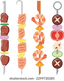 Shish kebab with meat, shrimps, vegetables and salmon, vector illustration