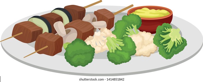 Shish kebab on skewer with broccoli and sauce. Vector illustration on white background.