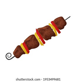 Shish Kebab on a skewer. Cooked roast pork meat with vegetables. Caucasian cuisine. Ready-made food. Flat cartoon vector illustration isolated on a white background.