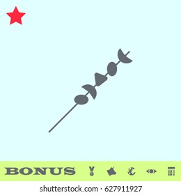 Shish kebab on skewer icon flat. Grey pictogram on blue background. Vector illustration symbol and bonus buttons medal, cow, earth, eye, calculator