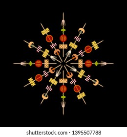 Shish kebab on skewers on a black background. Mushrooms, tomatoes, olives, bacon, cheese. Grilled meat and vegetables, barbecue on a stick. For the menu, advertising for restaurants, cafes, picnics.