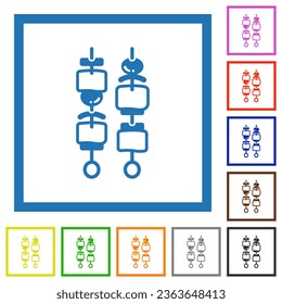 Shish kebab on skewers flat color icons in square frames on white background