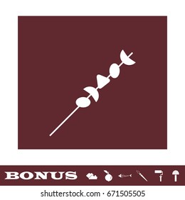 Shish kebab on skewers icon flat. White pictogram on brown background. Vector illustration symbol and bonus icons