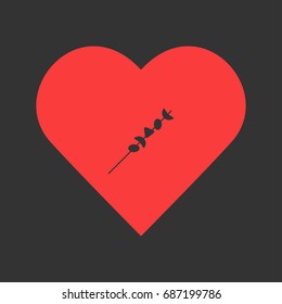 Shish kebab on skewers icon flat. Simple pictogram on heart background. Vector illustration symbol