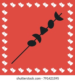 Shish kebab on skewers icon flat. Simple black pictogram on red background with white hearts for valentines day. Vector illustration symbol