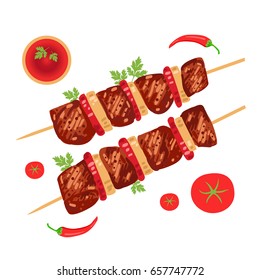 Kebab de pescado sobre brochetas con cebollas y tomates. Ilustración del vector
