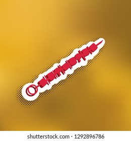 Shish kebab on skewers sign. Vector. Magenta icon with darker shadow, white sticker and black popart shadow on golden background.