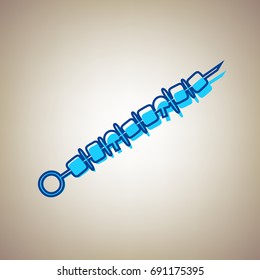 Shish kebab on skewers sign. Vector. Sky blue icon with defected blue contour on beige background.