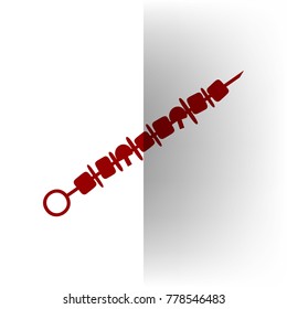 Shish kebab on skewers sign. Vector. Bordo icon on white bending paper background.