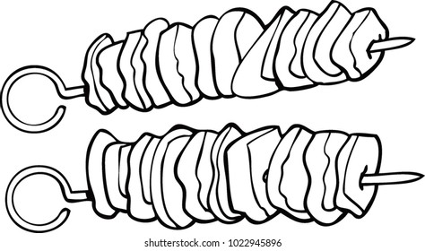Shish kebab on skewers. Vector illustration black line on white background