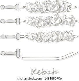 Shish kebab with onion and cherry tomato. Grilled meat skewers. Top view. Vector illustration.