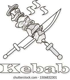 Shish kebab with onion and cherry tomato. Grilled meat skewers. Logo and design. Vector illustration.
