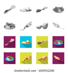 Shish kebab with vegetables, ketchup and mustard, seasoning for food, broken egg. Food and Cooking set collection icons in monochrome,flat style vector symbol stock illustration web.