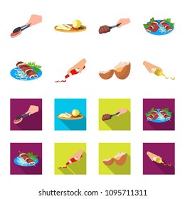 Shish kebab with vegetables, ketchup and mustard, seasoning for food, broken egg. Food and Cooking set collection icons in cartoon,flat style vector symbol stock illustration web.