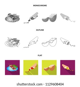 Shish kebab with vegetables, ketchup and mustard, seasoning for food, broken egg. Food and Cooking set collection icons in flat,outline,monochrome style vector symbol stock illustration web.