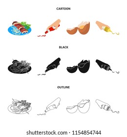 Shish kebab with vegetables, ketchup and mustard, seasoning for food, broken egg. Food and Cooking set collection icons in cartoon,black,outline style vector symbol stock illustration web.