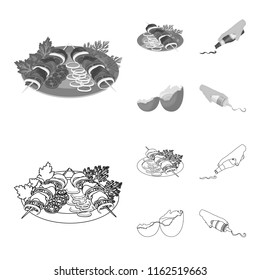 Shish kebab with vegetables, ketchup and mustard, seasoning for food, broken egg. Food and Cooking set collection icons in outline,monochrome style vector symbol stock illustration web.